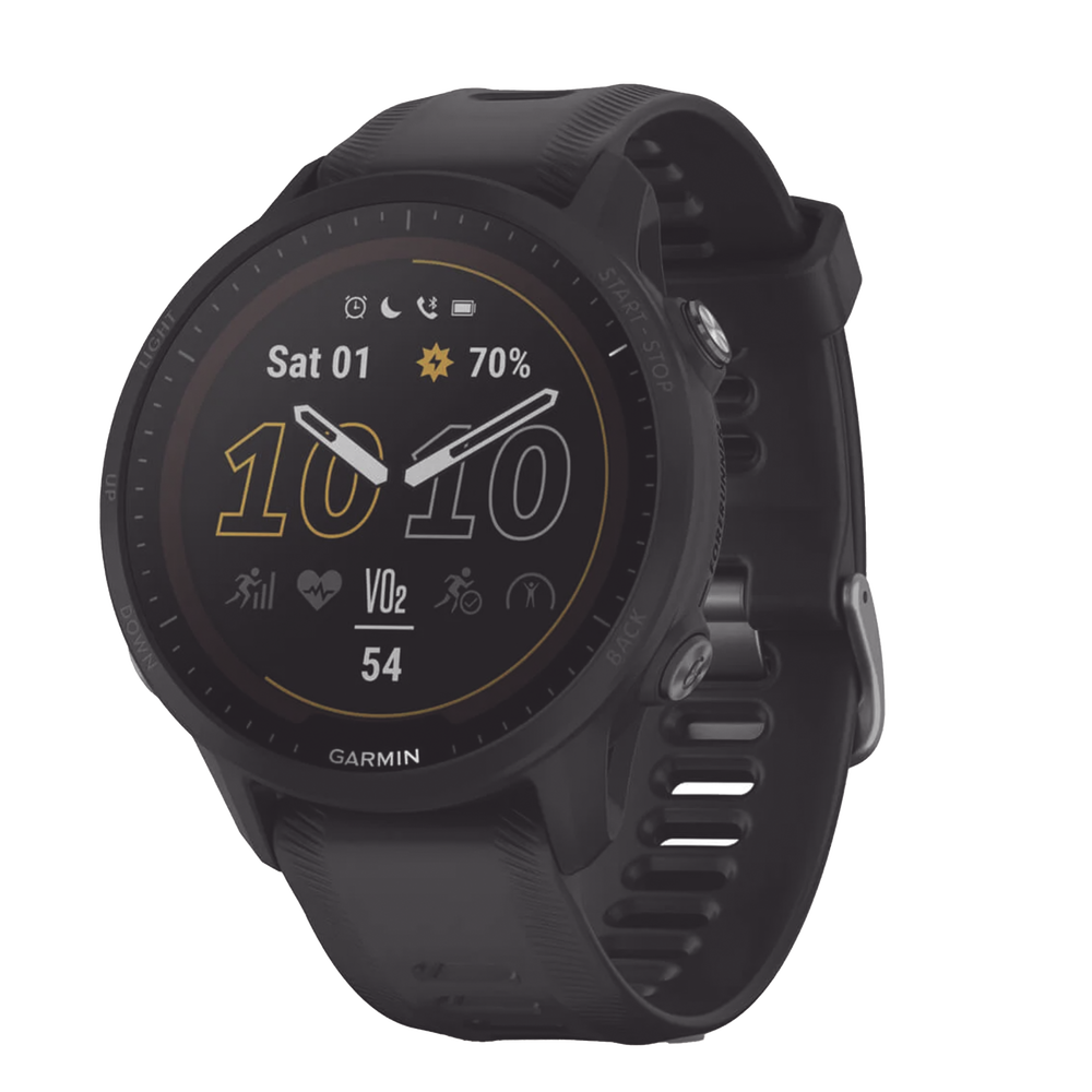 Reloj Garmin Forerunner 955 solar color negro en correa de silicón, con funciones premium de entrenamiento.