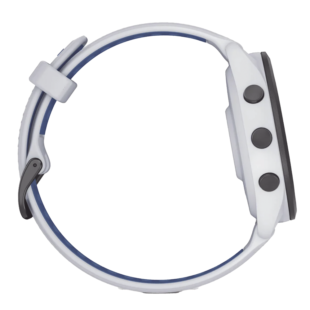 Forerunner® 265, Bisel negro con carcasa en blanco y correa de silicona en blanco/azul - Image 5