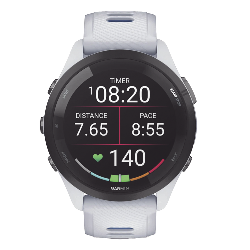 Forerunner® 265, Bisel negro con carcasa en blanco y correa de silicona en blanco/azul - Image 2