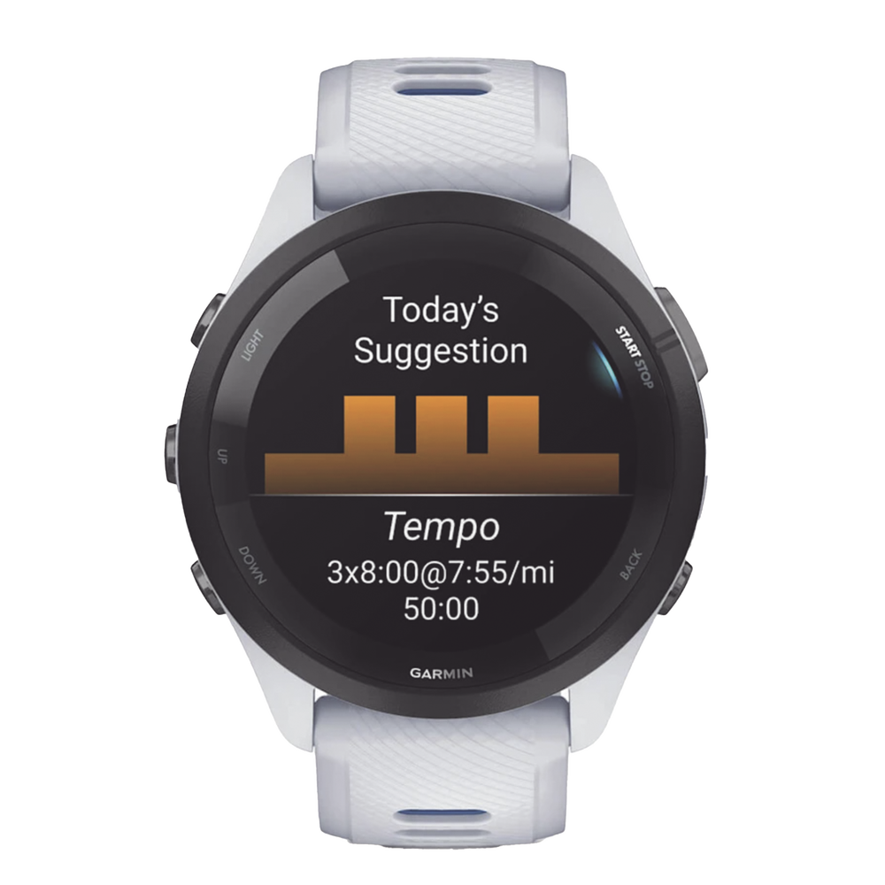 Forerunner® 265, Bisel negro con carcasa en blanco y correa de silicona en blanco/azul - Image 4