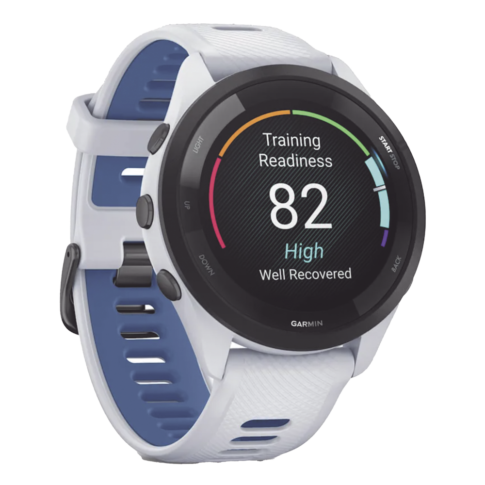 Forerunner® 265, Bisel negro con carcasa en blanco y correa de silicona en blanco/azul - Image 3