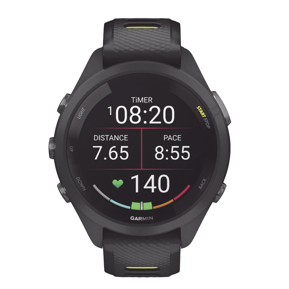 Forerunner® 265S, Bisel y carcasa en negro con correa de silicona en negro/amarillo - Image 2