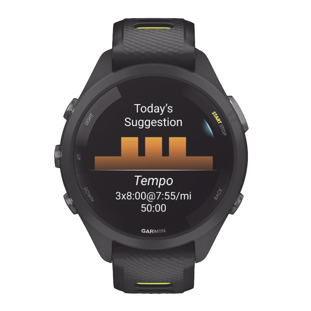 Forerunner® 265S, Bisel y carcasa en negro con correa de silicona en negro/amarillo - Image 4