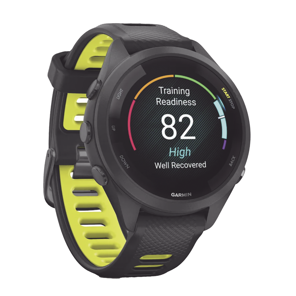 Forerunner® 265S, Bisel y carcasa en negro con correa de silicona en negro/amarillo - Image 3