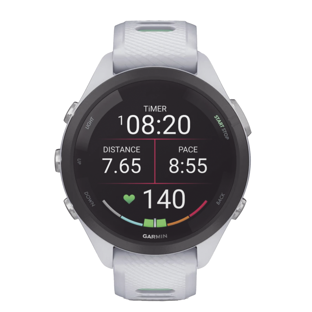 Forerunner® 265S, Bisel negro con carcasa en blanco y correa de silicona en blanco/verde - Image 2