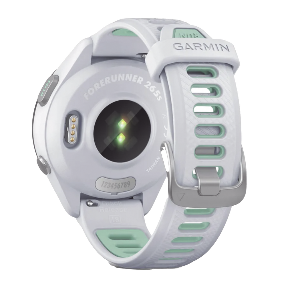 Forerunner® 265S, Bisel negro con carcasa en blanco y correa de silicona en blanco/verde - Image 3