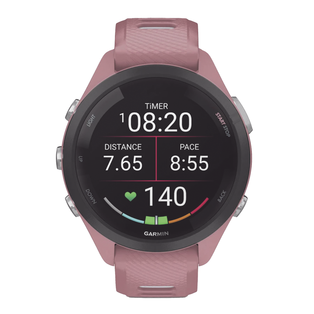 Forerunner® 265S, Bisel negro con carcasa en rosa y correa de silicona en rosa/gris - Image 2
