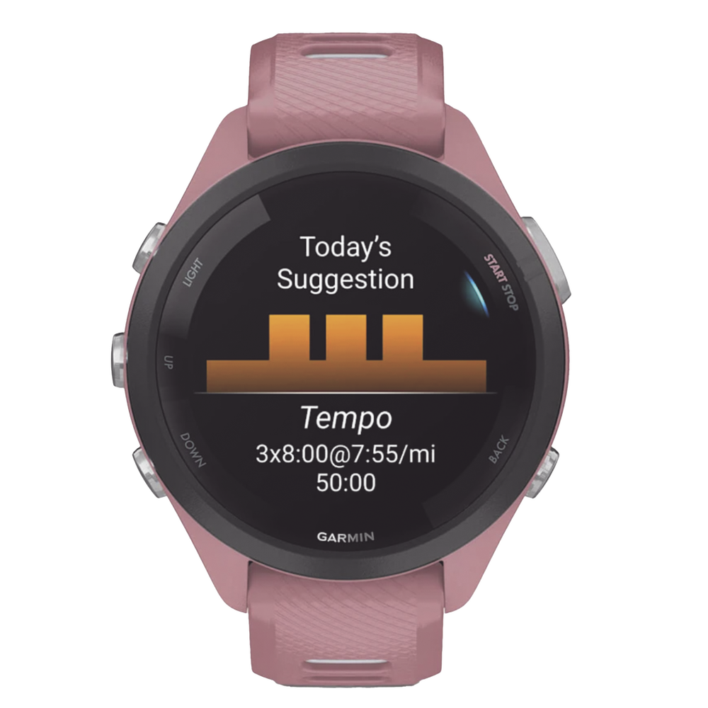 Forerunner® 265S, Bisel negro con carcasa en rosa y correa de silicona en rosa/gris - Image 4