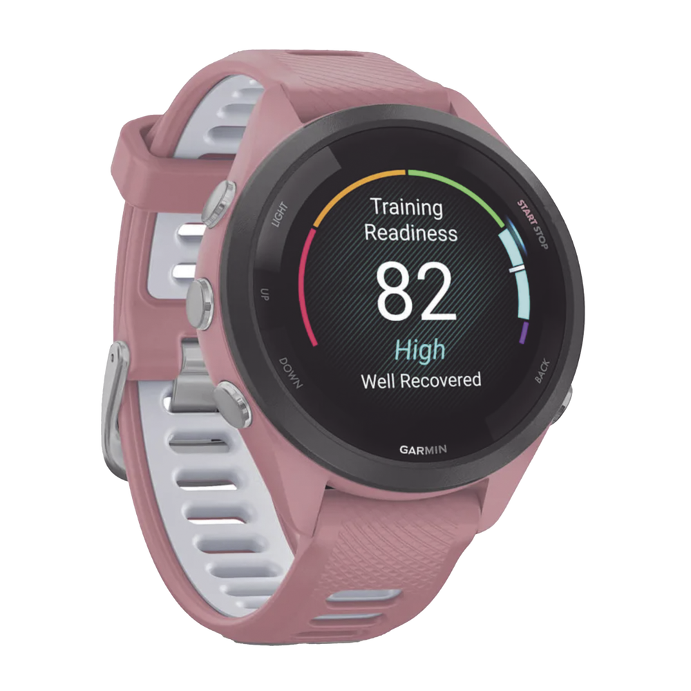 Forerunner® 265S, Bisel negro con carcasa en rosa y correa de silicona en rosa/gris - Image 3