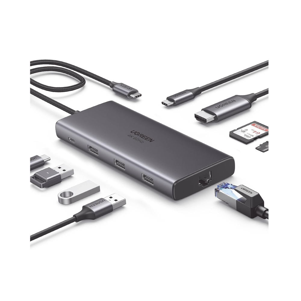 HUB USB-C (Docking Revodok Pro 109) 9 en 1 | 1 USB-C 3.2 (10 Gbps) | 1 USB-A 3.2 (10 Gbps) | 2 USB-A 3.0 (5 Gbps) | 1 USB-C PD Carga 100W | HDMI 4K@60Hz | RJ45 (Gigabit) | Lector Tarjeta SD + Micro SD (TF) | Carcasa de Aluminio.