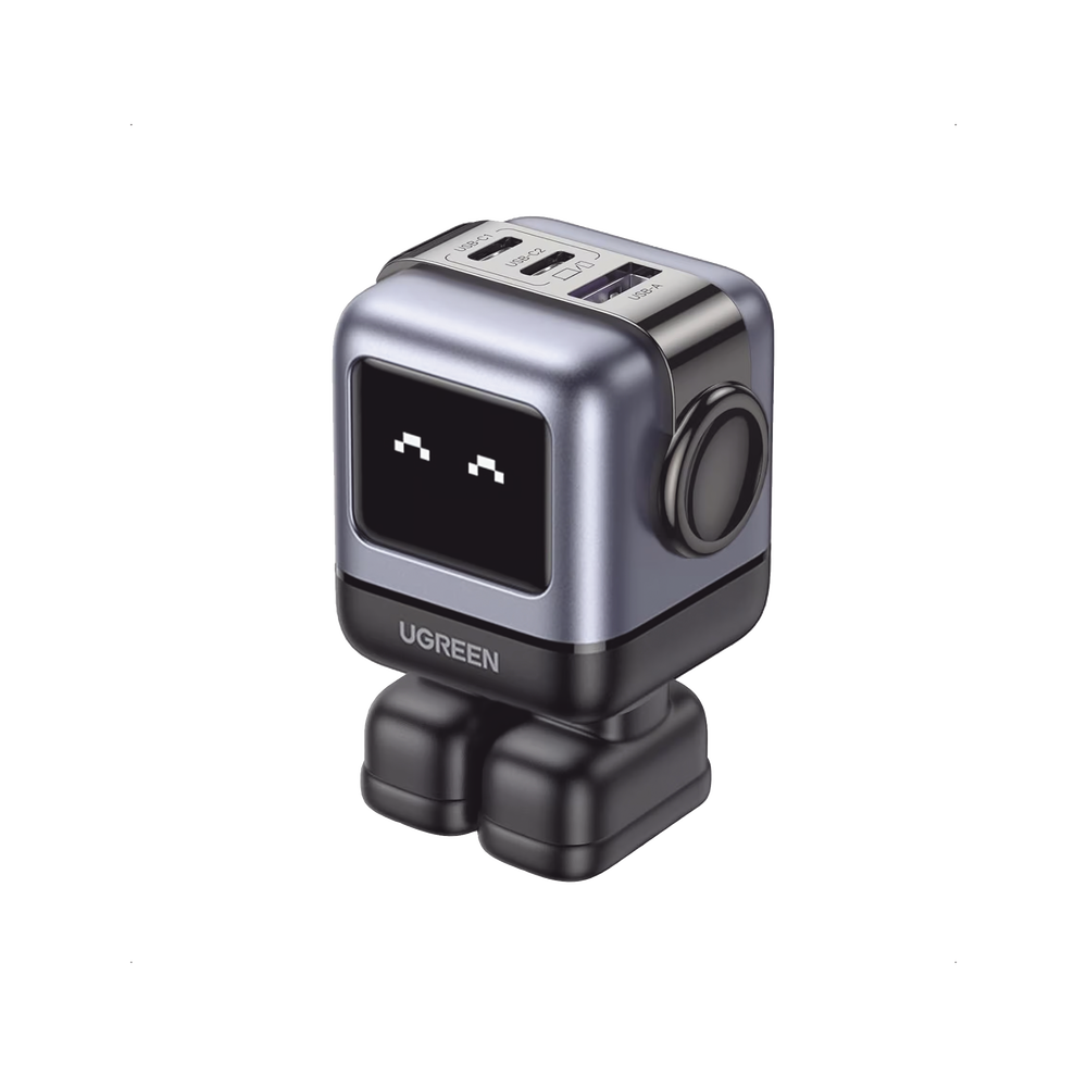 Cargador RobotGaN de 65W Serie UNO | 3 Puertos de Carga R?pida | 2 USB-C | 1 USB-A | PD 3.0 | QC 4.0 | Carga Inteligente | Tecnolog?a GaN II | Zapato Magn?tico Extra?ble | Carcasa Ign?fuga | Pantalla LED