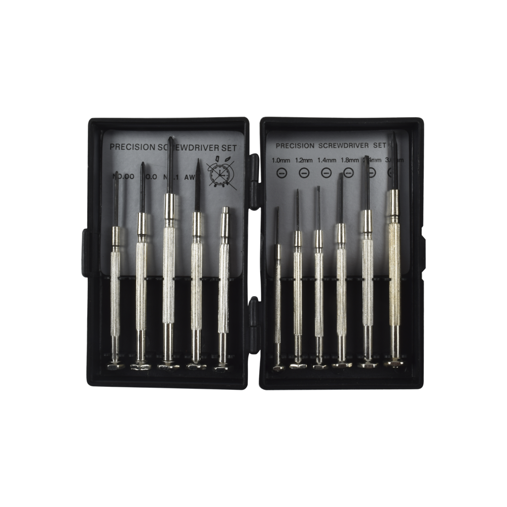 Juego de 11 Mini-desarmadores de Precisión; 6-Planos, 3-Phillips, 1-Punzón y 1-Magneto, almacenados en estuche de plástico. - Image 2