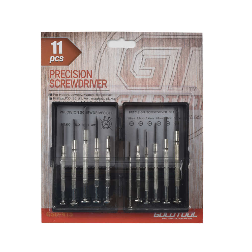 Juego de 11 Mini-desarmadores de Precisión; 6-Planos, 3-Phillips, 1-Punzón y 1-Magneto, almacenados en estuche de plástico.