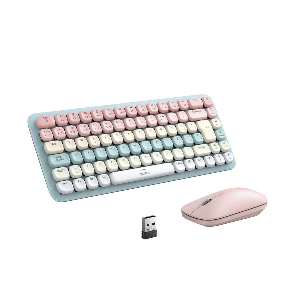 Paquete de Teclado y Mouse | 85 teclas en Español | Bluetooth y 2.4GHz | Mouse Ambidiestro | Sensor de DPI ajustable | Efectos de Iluminación del Teclado | Amplia compatibilidad | Color Rosa.