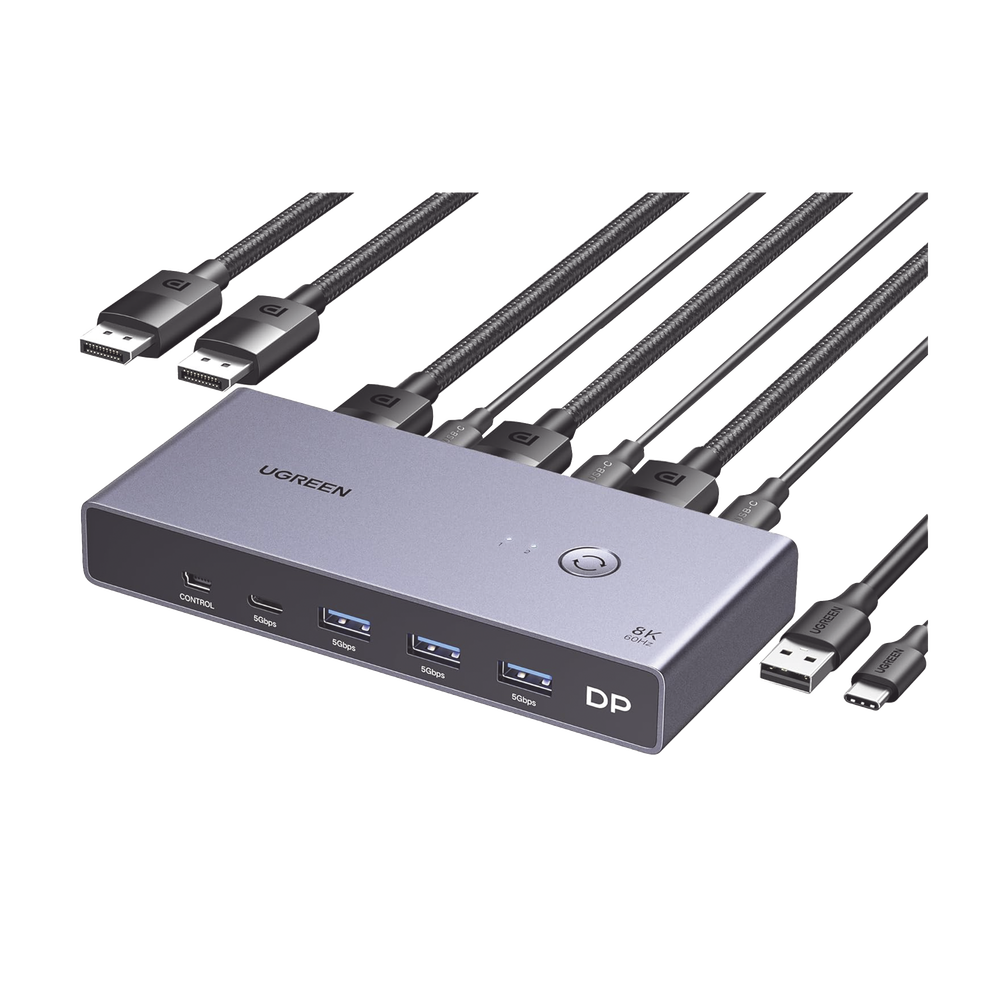 Conmutador KVM DisplayPort 8K | DP 1.4 | 2 Entradas 1 Salida | 4 Puertos USB 3.0 (3 USBA *1 USBC) | Soporta 8K@60Hz | HDR | Control de Escritorio | Carcasa de Aluminio | Indicador Led | Compatible Win, MacOs y Linux.