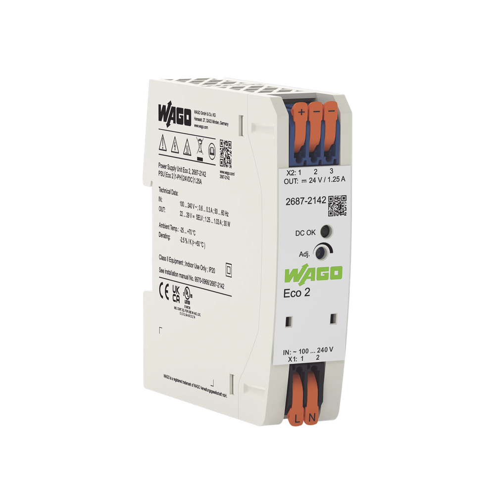 Fuente de Alimentación Eco 2 / Monofásica / 24V DC / 1.25A / 30W / Push-in CAGE CLAMP® / Carril DIN / SELV-PELV / IP20