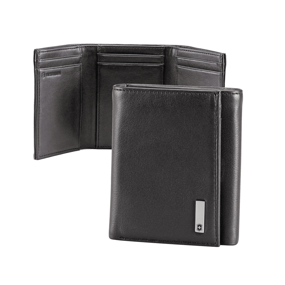 Cartera Athens Negra de Piel con Compartimento de Micromalla para ID. Doblable en 3 Partes con Divisor de Billetes. Pocket Wallet