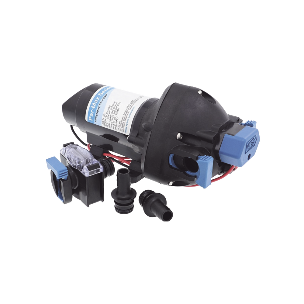 Bomba controlada por presión Par Max a 12 Vcd, caudal de 2 GPM, presión máxima 35 psi, para manguera de entrada con orificio de 38 mm (1½”), manguera de descarga con orificio de 25 mm (1”)