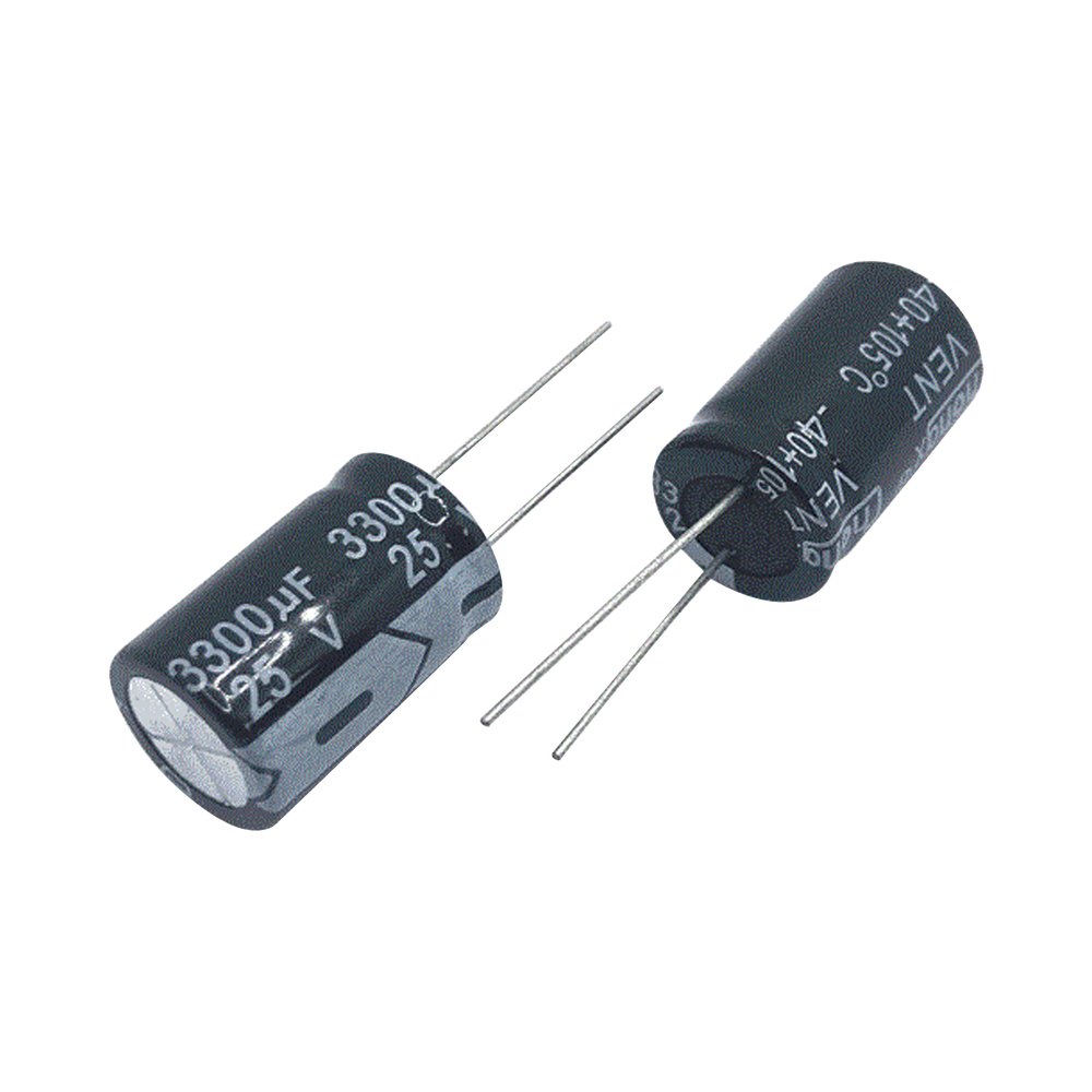 Capacitor Electrolítico de Aluminio, Radial de 3300 µFd, 25 Vcc, 105 °C, 18 x 25 mm.