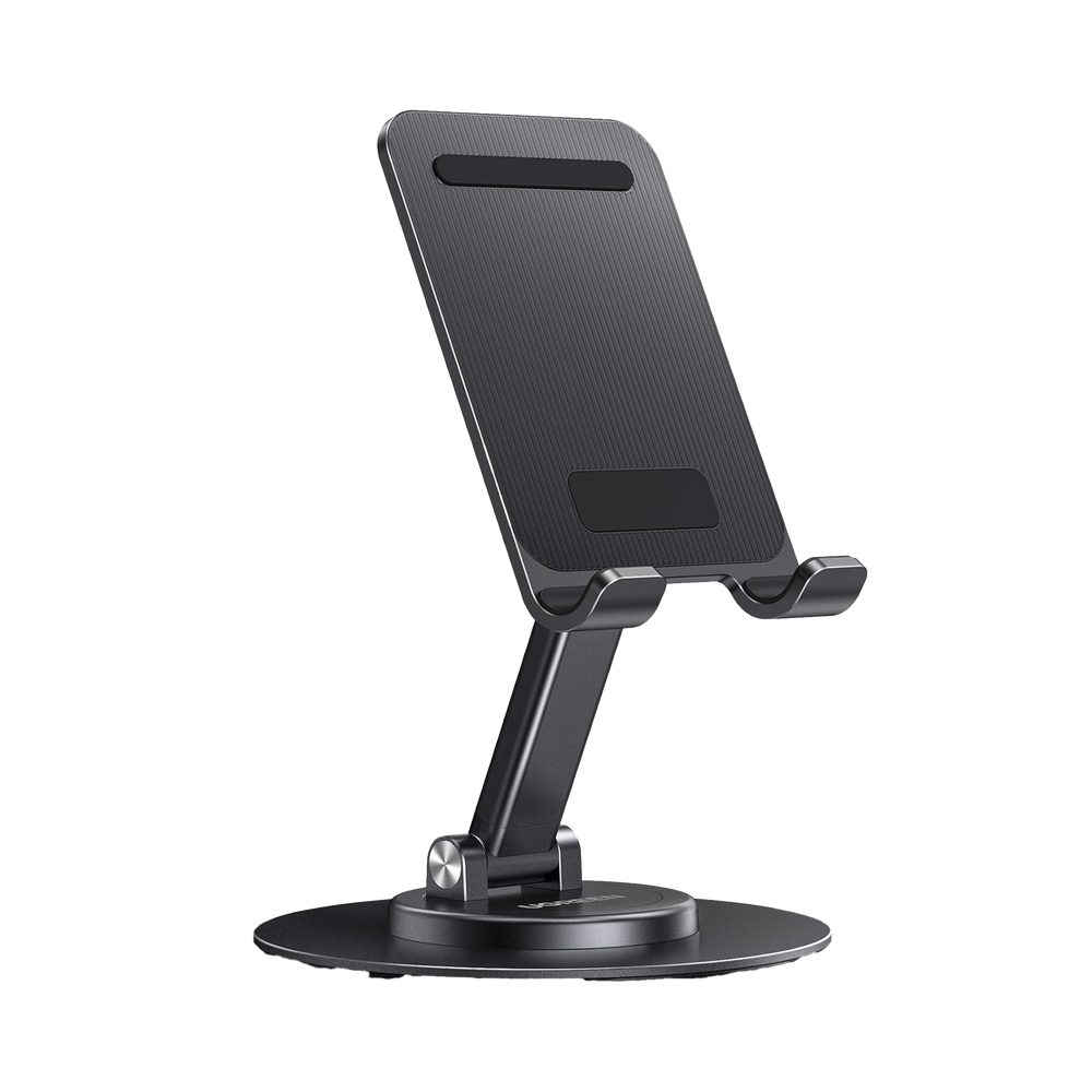 Soporte para Teléfono Celular Giratorio | 360° de Rotación | Angulo Ajustable | Altura Ajustable 17-20cm  | Antideslizante | Ejes Giratorios de Alta Precisión| Plegable | Aluminio | Color Gris