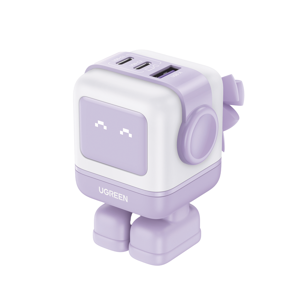Cargador RobotGaN de 65W Serie UNO | 3 Puertos de Carga R?pida | 2 USB-C | 1 USB-A | PD 3.0 | QC 4.0 | Carga Inteligente | Tecnolog?a GaN II | Zapato Magn?tico Extra?ble | Carcasa Ign?fuga | Pantalla LED