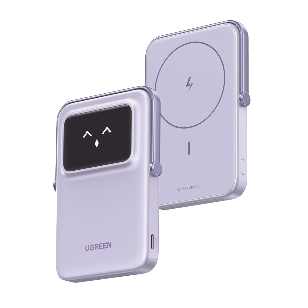 Power Bank Serie UNO Inalambrico | 10000mAh | 7.5W/20W | Con Emojis de Estado | Carga Rápida USB-C Bidireccional | Pantalla TFT Inteligente | Con Holder | Color Purple.