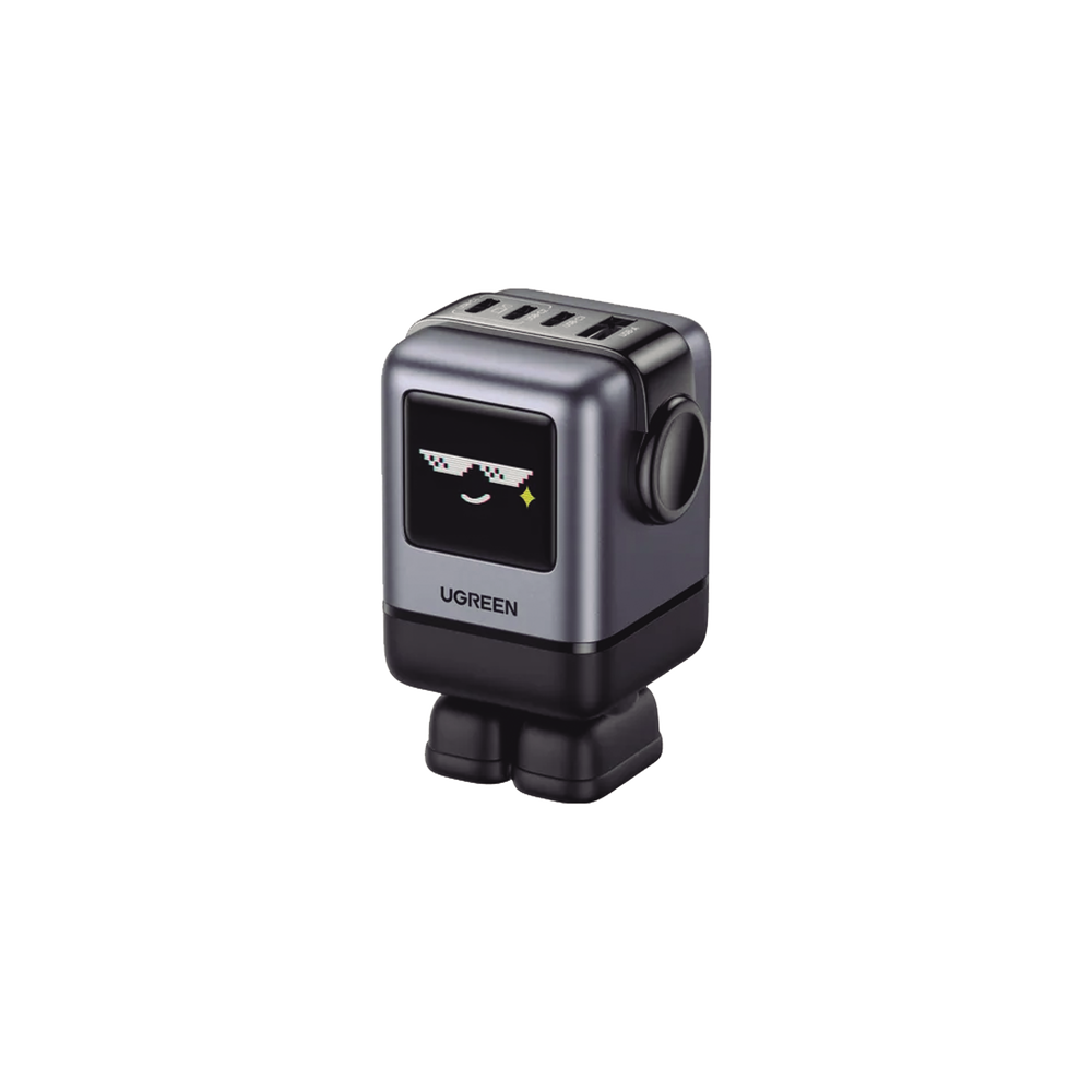 Cargador RobotGaN de 100W Serie UNO | 4 Puertos de Carga R?pida | 3 USB-C | 1 USB-A | PD 3.0 | QC 4.0 | Carga Inteligente | Tecnolog?a GaN II | Zapato Magn?tico Extra?ble | Carcasa Ign?fuga | Pantalla LED