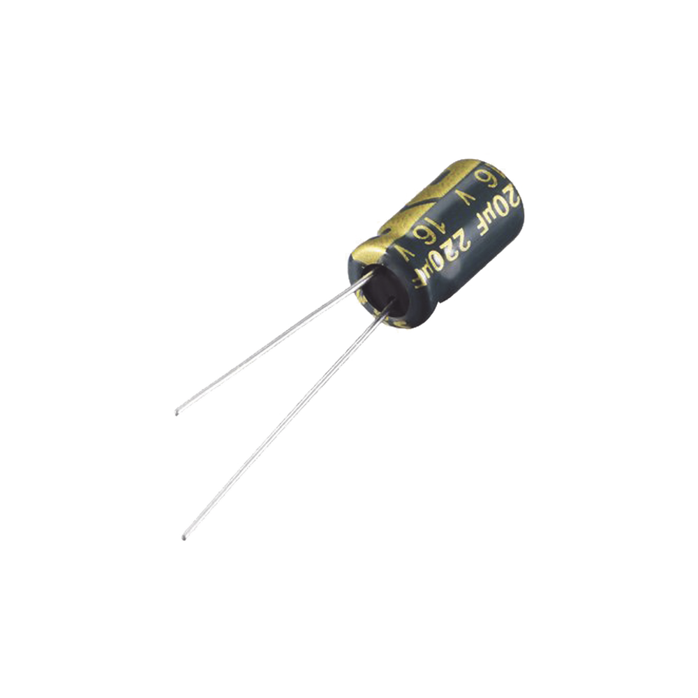 Capacitor Electrolítico Radial en Aluminio de 220 µFd, 16 Volt, 20%, 6.3 x 11 mm.