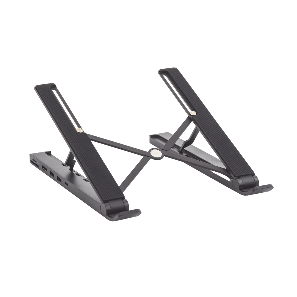 HUB (Docking Station) 5 en 1 con Soporte para Laptop | 2 USB 3.0 a 5Gbps | HDMI 4K@30Hz | Memoria Micro SD (TF) + SD | Amplia Compatibilidad de 10-15" | Ajuste de Altura | Aluminio | PC+ABS | Silicona | Color Negro.