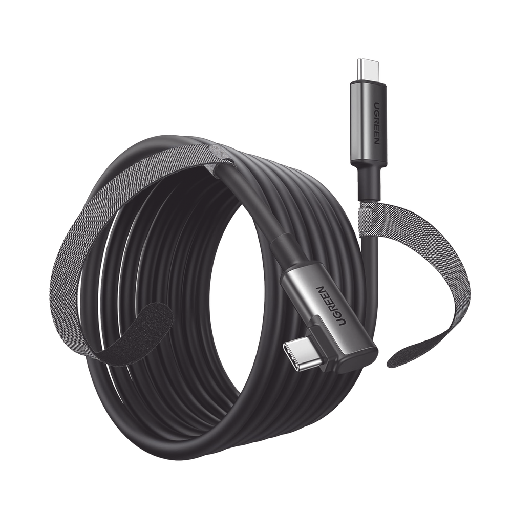 Cable USB-C a USB-C (Cable Link) | 5 metros (16 pies) | Transferencia de Alta Velocidad | Carga Rápida | Un Extremo Angulado | Caja de Aluminio | Nylon Trenzado.