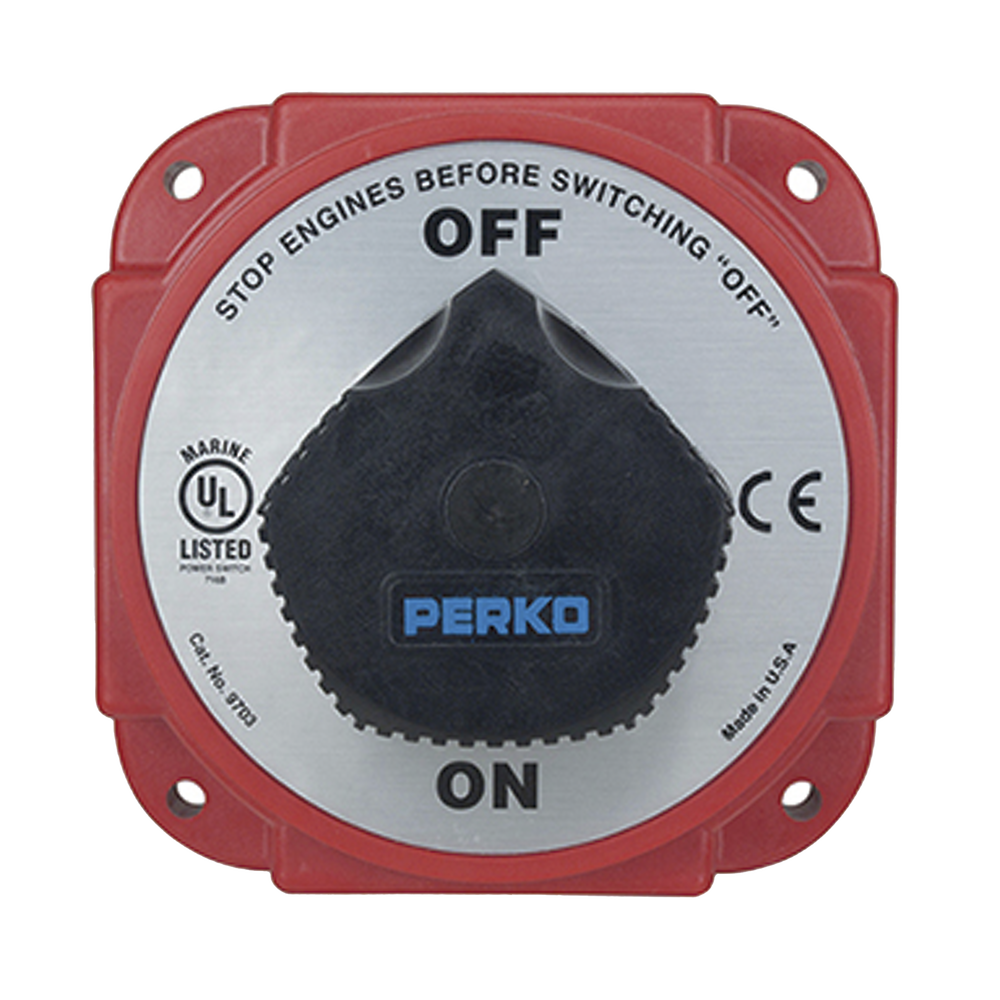 Interruptor Desconexión Batería 9703 con Desconexión Campo Alternador, 480 Amperios Continuos, 1200 Amperios Intermitentes, 6-32 VDC, Terminales 1/2 Pulgada, Montaje Marino