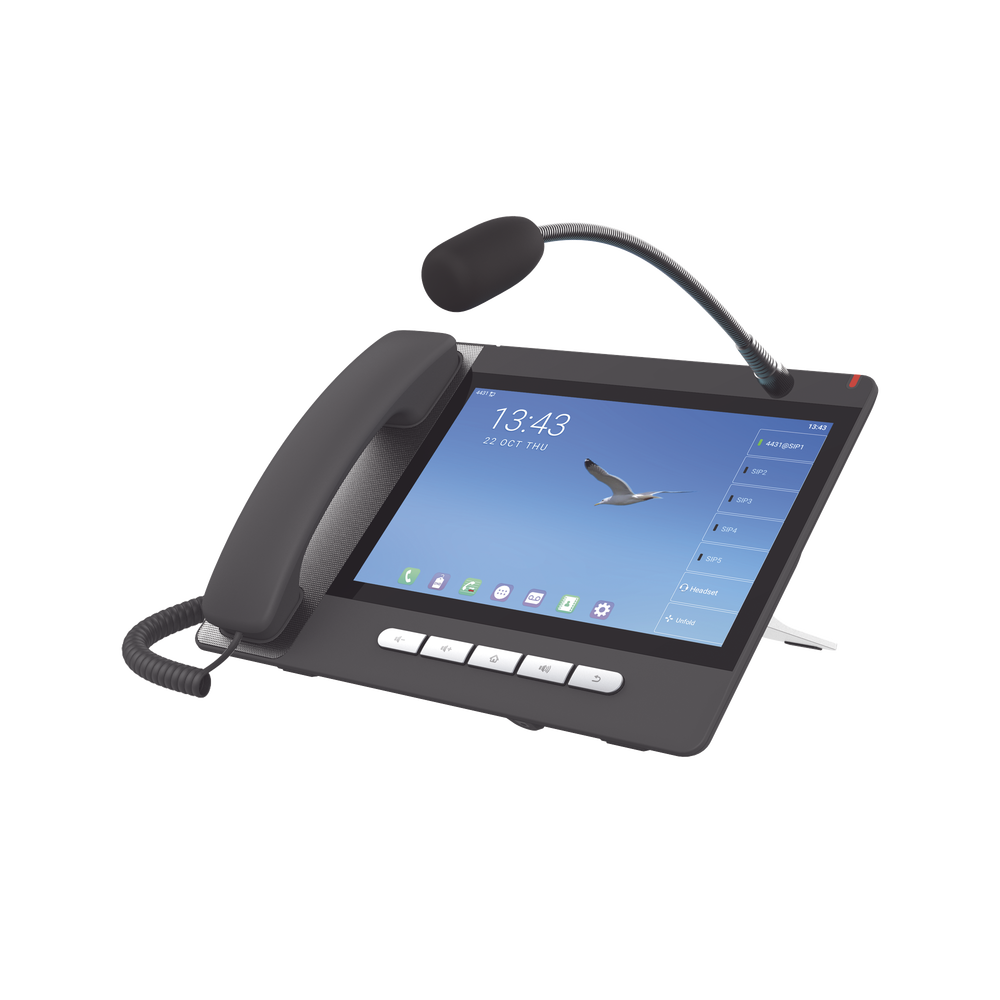 Teléfono IP Android 9.0 Empresarial para 20 líneas SIP, pantalla táctil, Wi-Fi y Bluetooth, PoE, hasta 112 botones DSS, puertos Gigabit, soporta recepción de video.