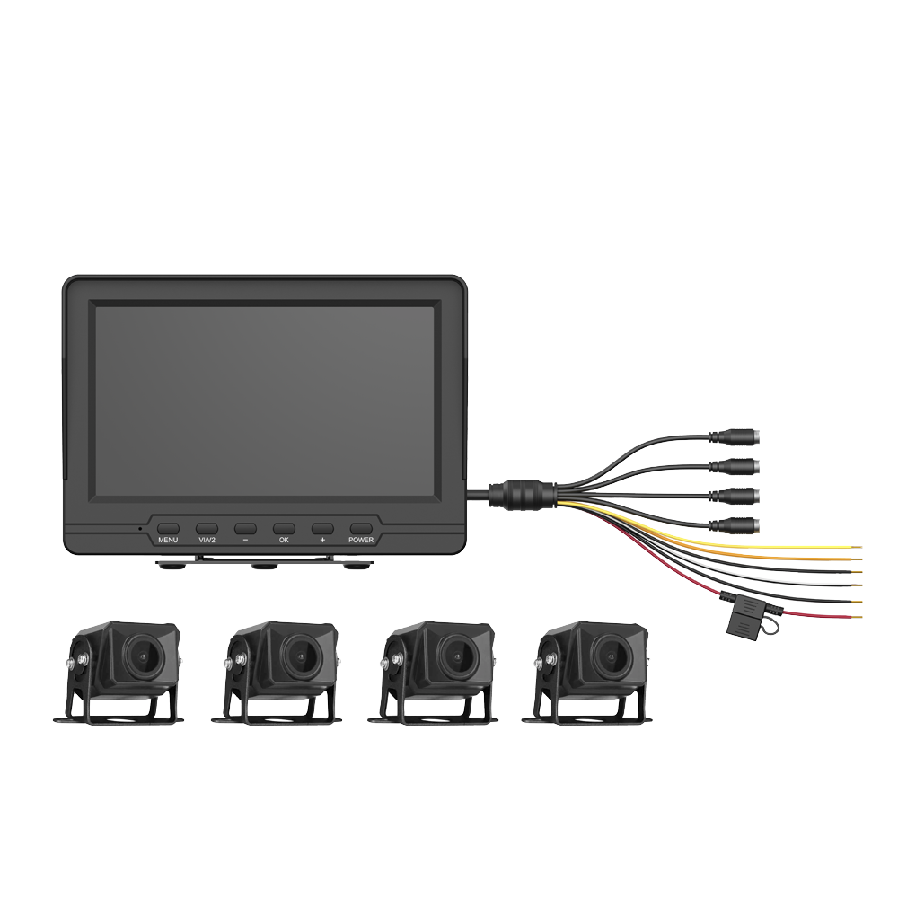 Sistema de Monitoreo Local / 4 Cámaras 1080p para Exterior (IP68) y Pantalla LCD de 7" a Color / Memoria Micro SD de 64 GB (Expandible a 512 GB) / Soporta Cambio de Cámara al Dar Reversa al Vehiculo / Accesorios de Instalación