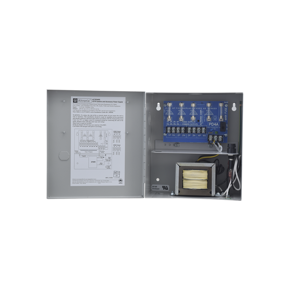 Fuente de poder ALTRONIX de 24 Vca @ 3.5 Amper o 28 Vca @ 3.0 Amper, para 4 cámaras, Con voltaje de entrada de 115 Vca,