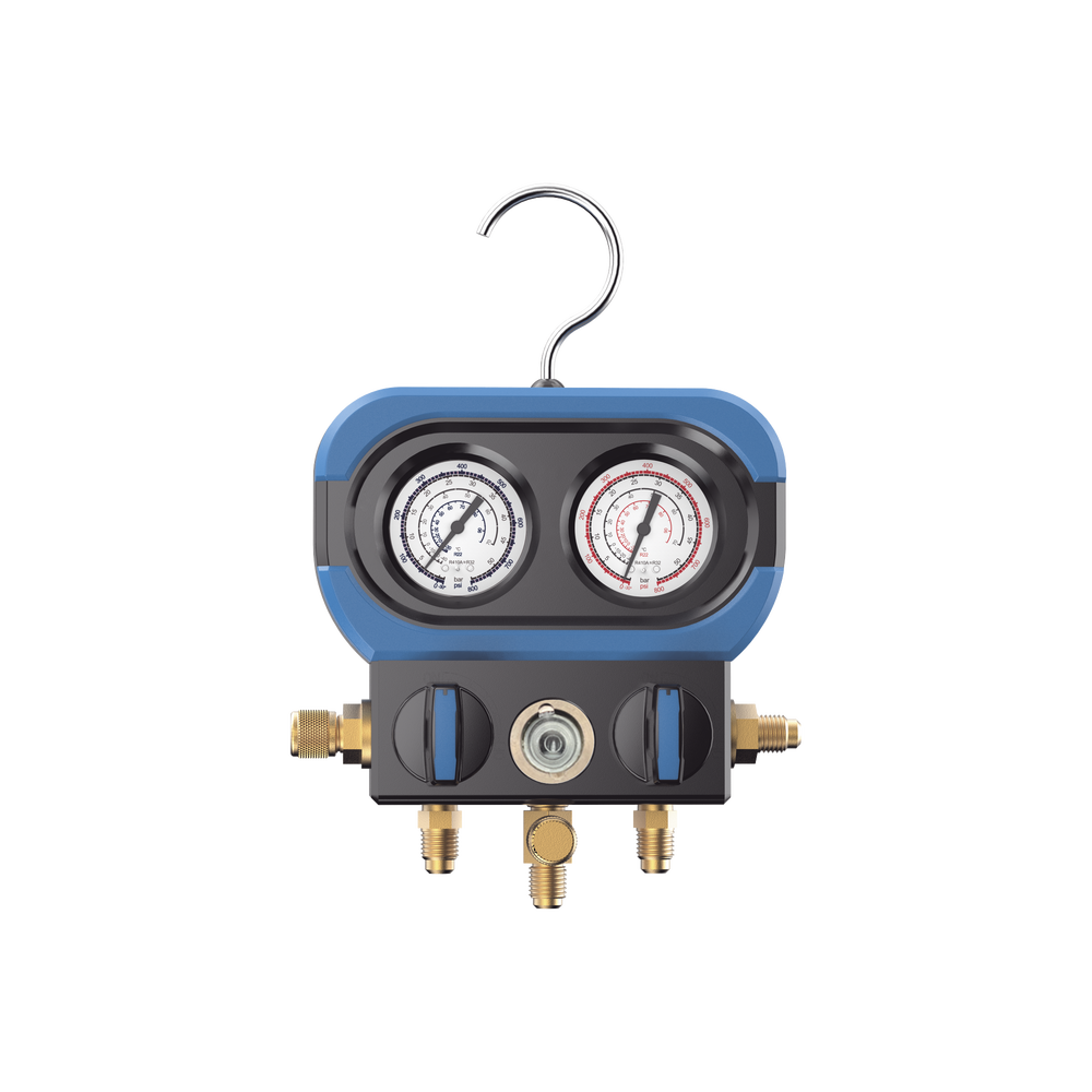 Manifold de 2 Válvulas AMAA para Refrigeración / Compatible con R22, R32/R410A, R404A, R407C / Escala de Manómetro Multigas / Interfaz 5/16" SAE / Rango de Vacío -30 inHg / Presión Máxima 500 psi / Resistente