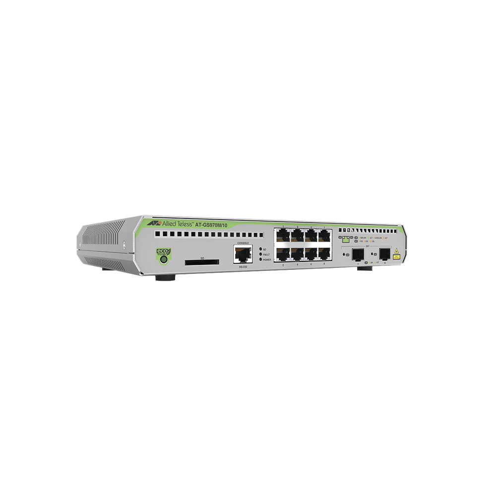 Switch Administrable CentreCOM GS970M, Capa 3 de 8 Puertos 10/100/1000 Mbps + 2 puertos SFP Gigabit