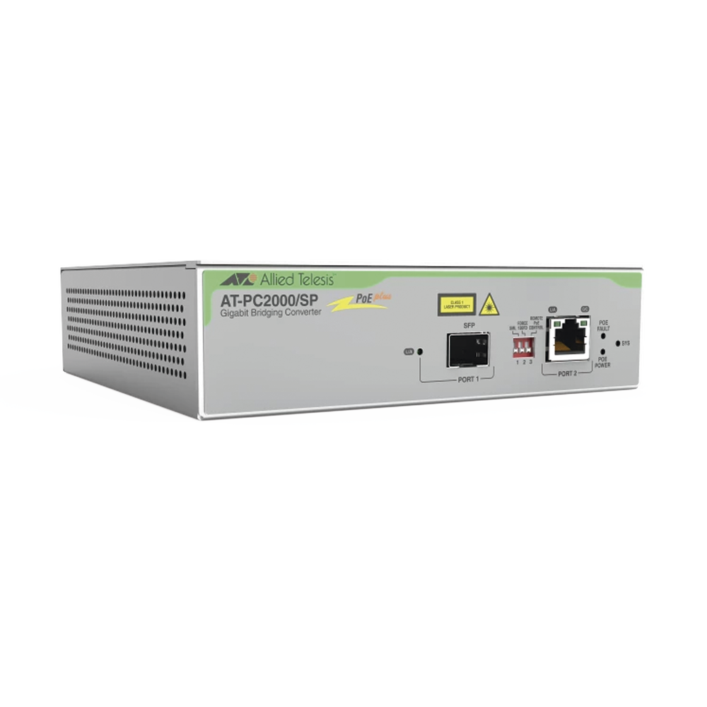 Convertidor de medios Gigabit Ethernet PoE+ a fibra óptica con puerto SFP Gigabit, la distancia y tipo de fibra óptica depende del transceptor