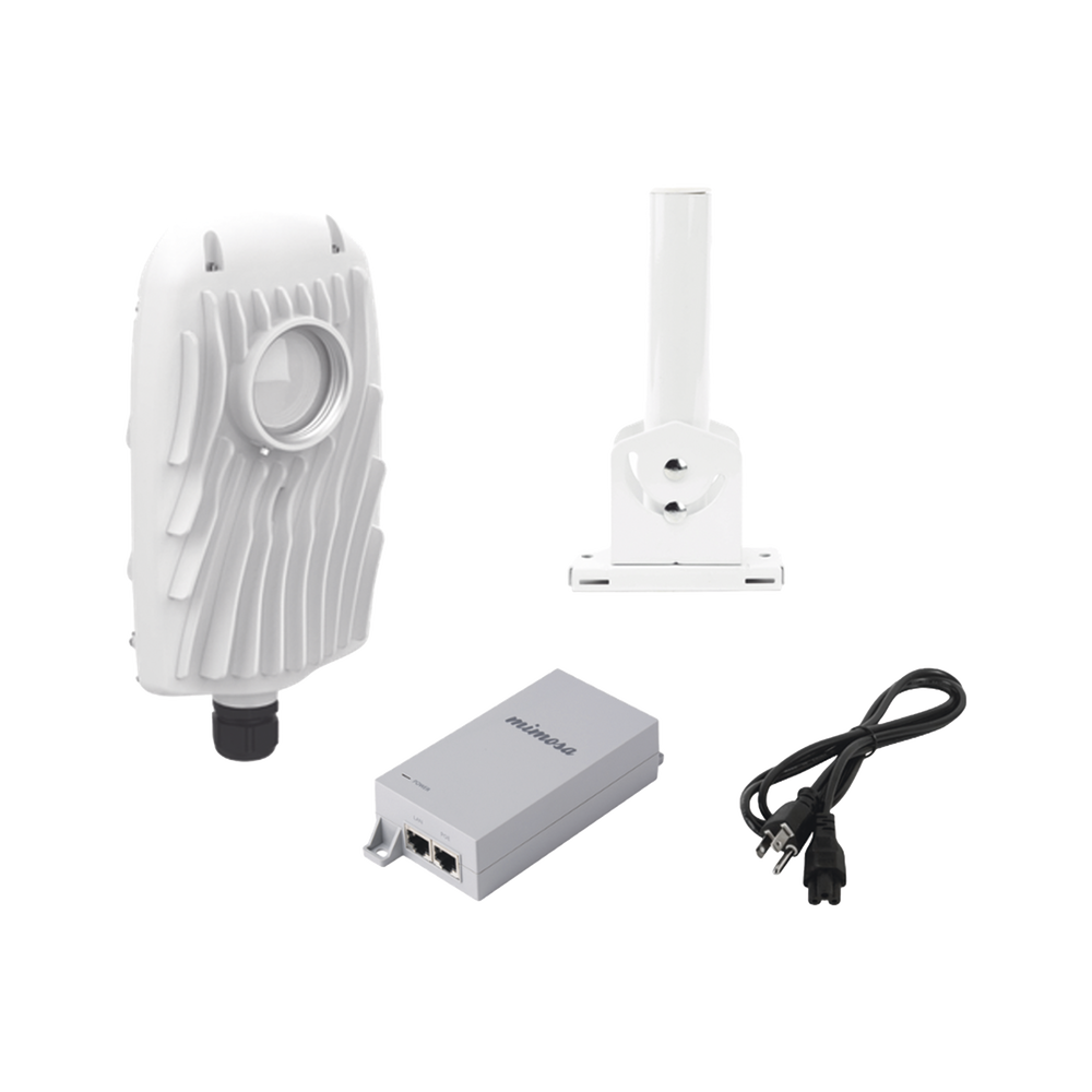 Kit de radios B5X, rango de frecuencia extendida (4.9 a 6.4 GHz), incluye inyector POE50V, cable de alimentación y montaje universal para tubo o poste o mástil