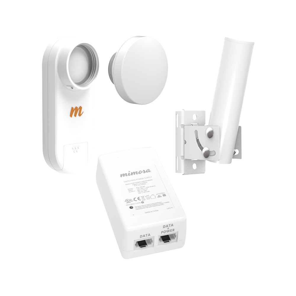 Kit de radio C5X, rango de frecuencia extendida (4.9 a 6.4 GHz), incluye inyector POE, montaje universal para tubo o poste Y una antena de 12 dBi