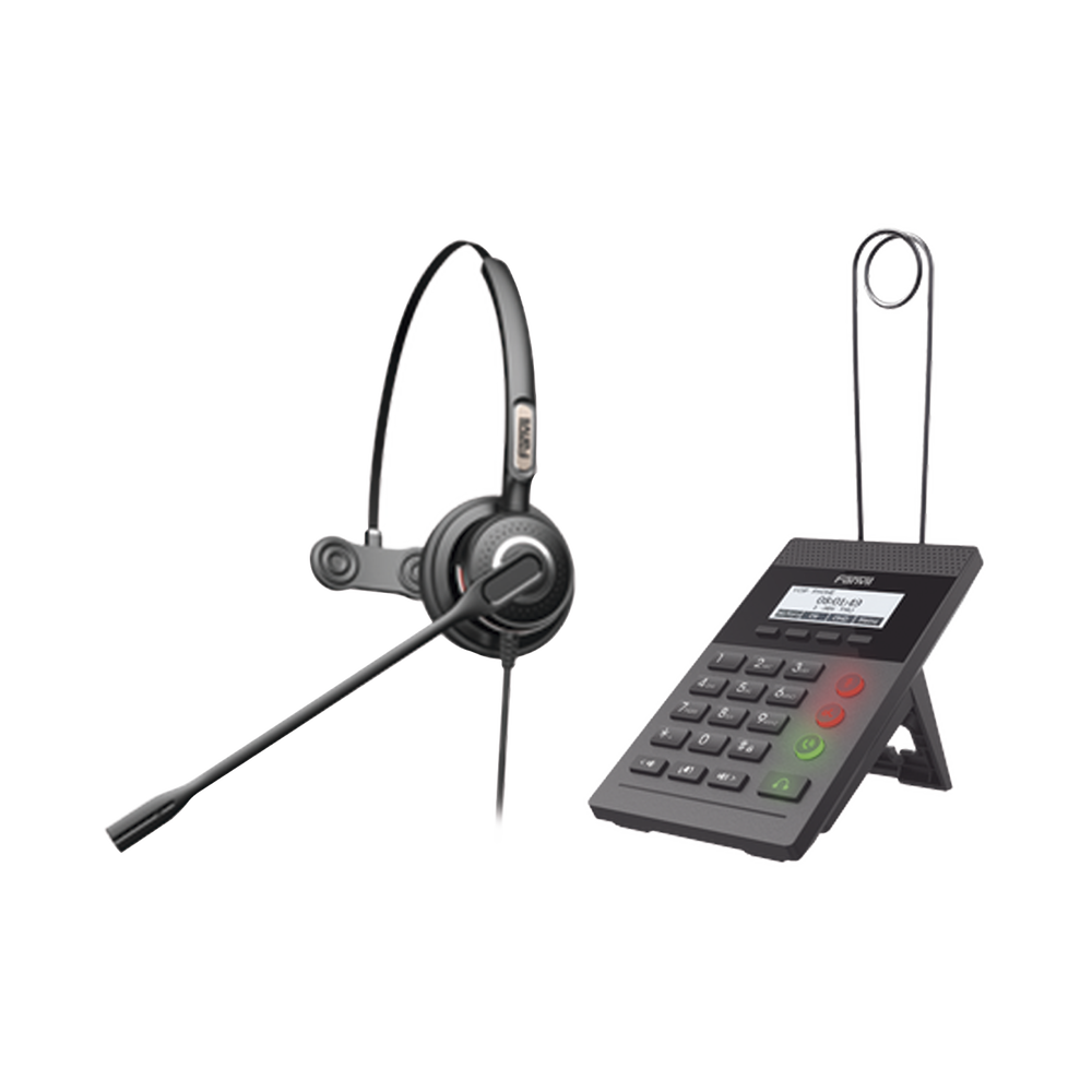 Kit Fanvil para Call Center incluye teléfono IP X2CP Y diadema HT201 y fuente de alimentación.