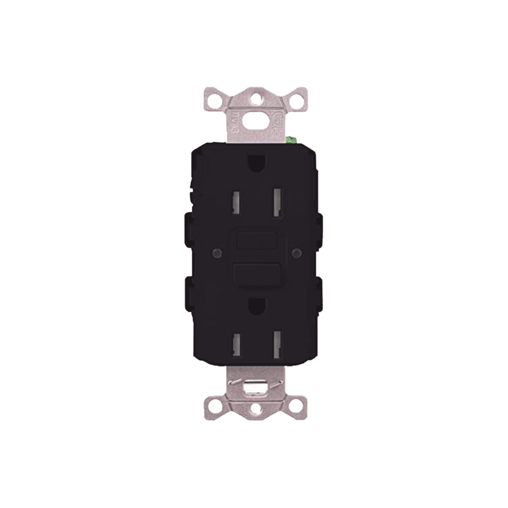 Tomacorriente 125V 15A resistente a manipulaciones, color negro.