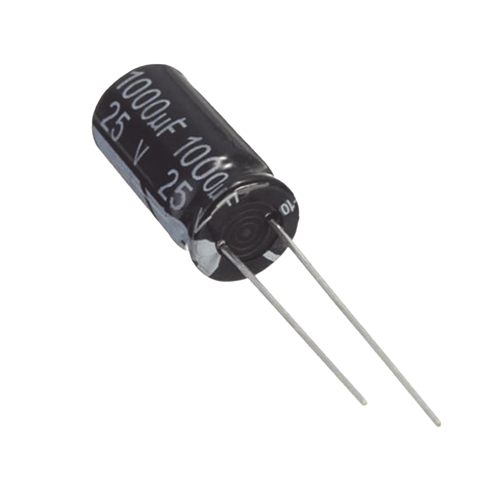 Capacitor Electrolítico de Aluminio, Radial de 1000 µFd. 25 Vcc, 105 °C, 10 x 20 mm.