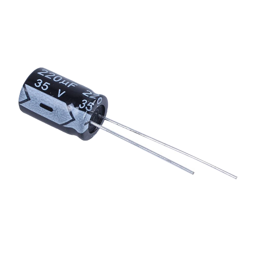 Capacitor Electrolítico Radial en Aluminio de 220 µFd, 35 Vcc, 105 °C, 10 x 12.5 mm.