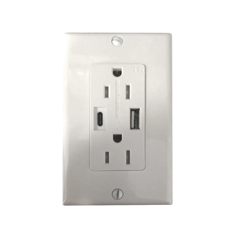 Contacto Dúplex con puertos USB Tipo A y C, 15 A, 100 - 240 V, USB 5 V, Incluye la Placa.