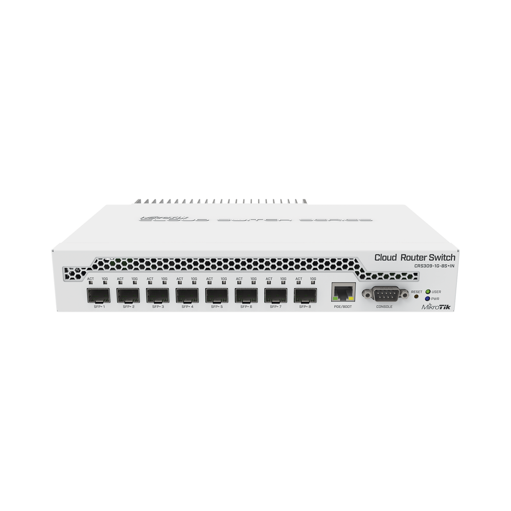 (CRS309-1G-8S+IN) Switch administrable Sistema Operativo Dual, puerto 1G Rj45, 8 puertos 10G SFP+ para Escritorio