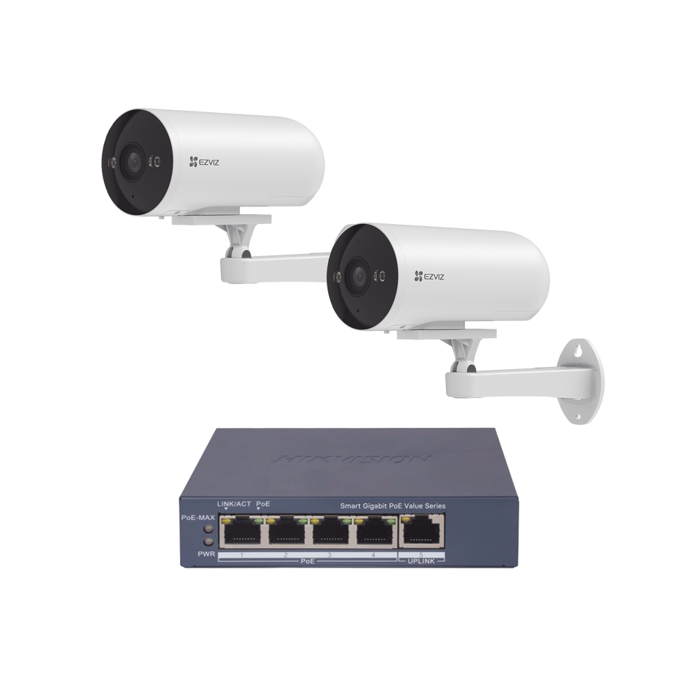 Kit de cámaras PoE Para Uso en Exterior / PoE Estandar Af / 2 piezas CS-H5/3MP/ 1 Pieza de Switch DS-3E1505P-EI/M / Vision Nocturna a Color / IP67 / Audio Bidireccional / Luz y Sirena / 4 Puertos 1000 Mbps PoE+ / 1 Puerto 1000 Mbps Uplink