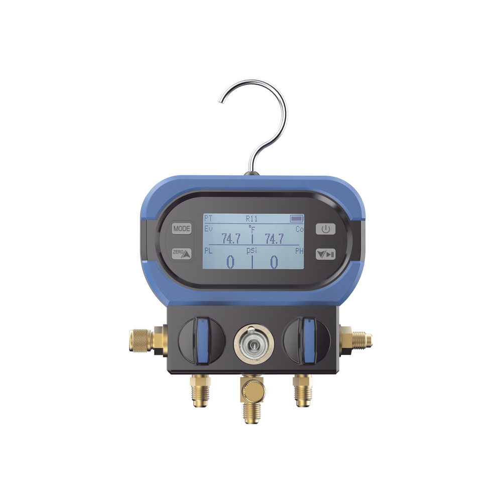 Manifold Digital DMAA 2 Válvulas / Sensor Digital Alta Precisión / Pantalla LCD Retroiluminada / Rango -14 a 800 psi (55 bar) / Compatibilidad Múltiples Refrigerantes / Diseño Anti-Caídas / Incluye 3 Mangueras y Adaptado