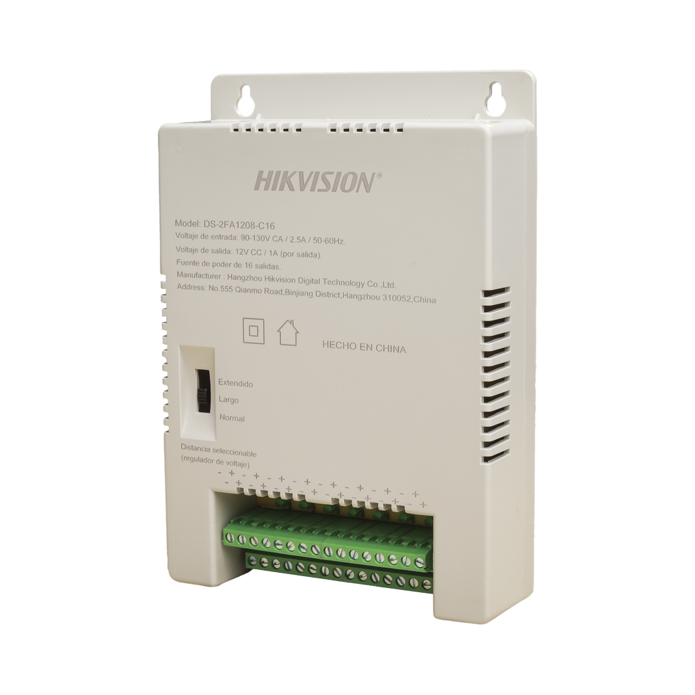 Fuente de Poder Regulada 12 Vcc / 13.5 Vcc / 15 Vcc para 16 Cámaras / 16 Amp (1 Amp por Salida) / Voltaje de Entrada 90 - 130 VCA / Soporta 4K / Modo para Largas Distancias