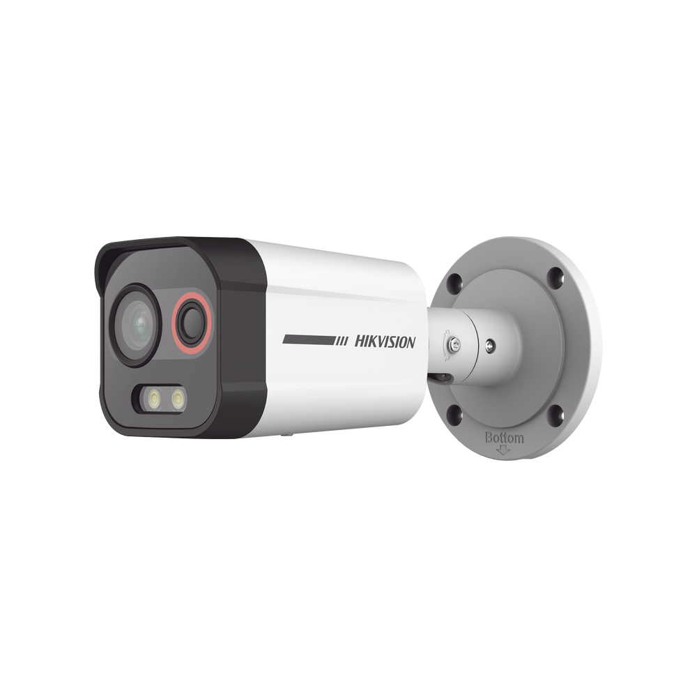 Cámara Bala IP Térmica y Óptica Biespectral / Detección Térmica de Incendios y Humos / Medición de Temperaturas / Alcance hasta 20.3 m / Térmica 96 x 72 / Óptica 4 MP ColorVu / IP67 / Audio y Alarma