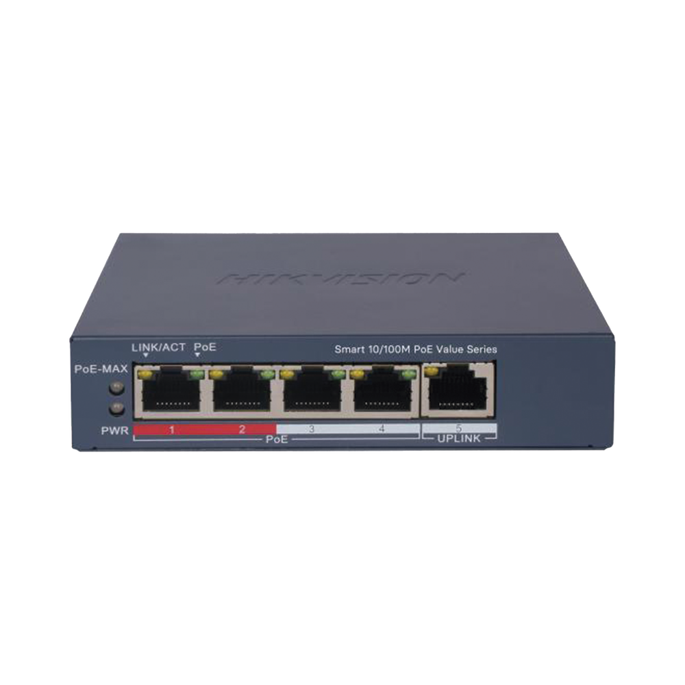 Switch PoE+ / Monitoreable / 4 Puertos 10/100 Mbps PoE+ / 1 Puerto 10/100 Mbps Uplink / Configuración Nube Hik-PartnerPro / Modo Extendido hasta 300 Metros /  45 W